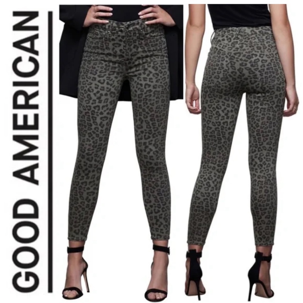 NWT Good American Good Waist Crop olive leopard jeans, size 00/24